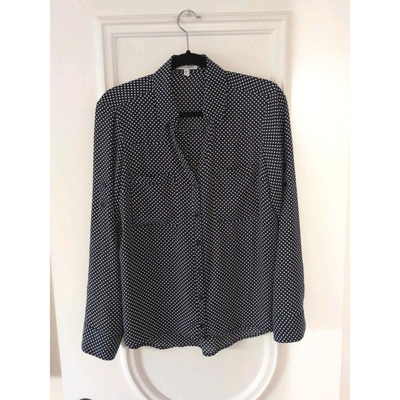 Express Blouse Med Portofino  button up polka dot print Navy Blue Iconic Express - Picture 2 of 8